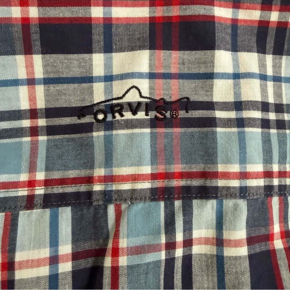 Orvis Button Up Shirt Men XXL Check Plaid Blue Red White Pocket - Picture 8 of 9